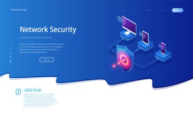 İzometrik koruma ağ güvenlik ve güvenli veri kavramı. Web sayfa tasarım şablonları Cybersecurity. Dijital suç anonim bir hacker tarafından. Vektör çizim