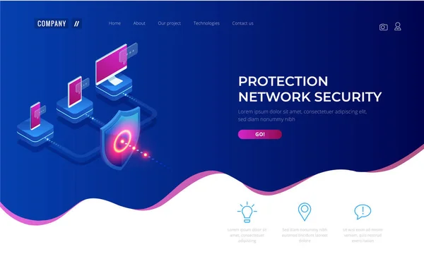 Isometric Protection Network sikkerhed og sikre dine data koncept. Webside design skabeloner Cybersecurity. Digital kriminalitet af en anonym hacker. Vektorillustration – Stock-vektor