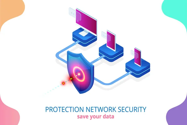 Ισομετρική προστασία έννοια του δικτύου ασφαλείας και ασφαλή σας δεδομένων. Πρότυπα σχεδίασης Web σελίδα ασφάλειας στον κυβερνοχώρο. Ψηφιακό έγκλημα από έναν ανώνυμο χάκερ. Εικονογράφηση διάνυσμα — Διανυσματικό Αρχείο