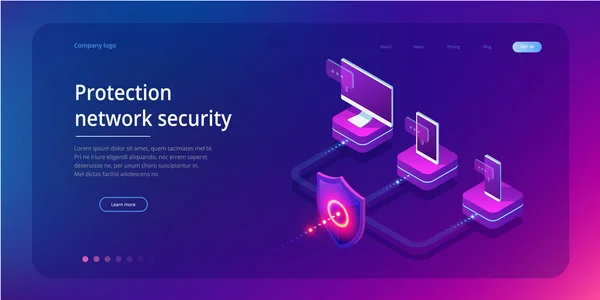 Keamanan jaringan Isometric Protection dan amankan konsep datamu. Templat desain halaman web Cybersecurity. Kejahatan digital oleh peretas anonim. Ilustrasi vektor - Stok Vektor