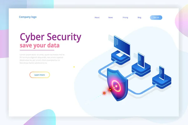 Isometrischer Schutz der Netzwerksicherheit und Sicherung Ihres Datenkonzeptes. Web-Seite-Design-Vorlagen Cybersicherheit. digitales Verbrechen durch einen anonymen Hacker. Vektorillustration — Stockvektor