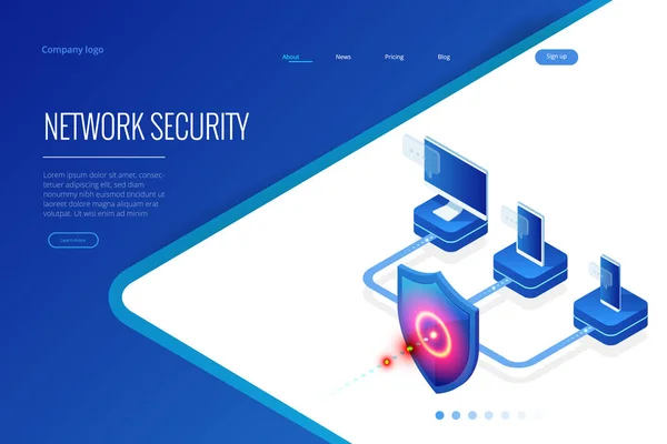 Isometric Protection Network sikkerhed og sikre dine data koncept. Webside design skabeloner Cybersecurity. Digital kriminalitet af en anonym hacker. Vektorillustration – Stock-vektor