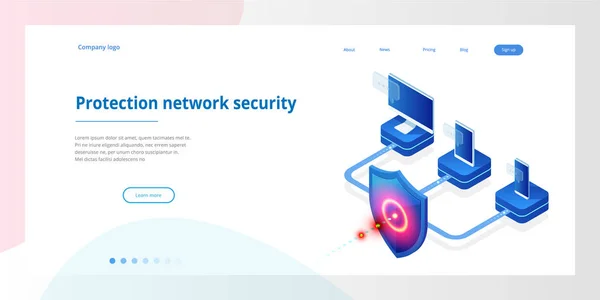 Isometric Protection Network sikkerhed og sikre dine data koncept. Webside design skabeloner Cybersecurity. Digital kriminalitet af en anonym hacker. Vektorillustration – Stock-vektor