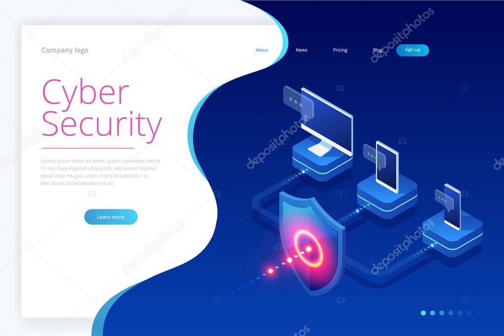 Isometric Protection network security and safe your data concept. Web page design templates Cybersecurity. Digital crime by an anonymous hacker. Vector illustration