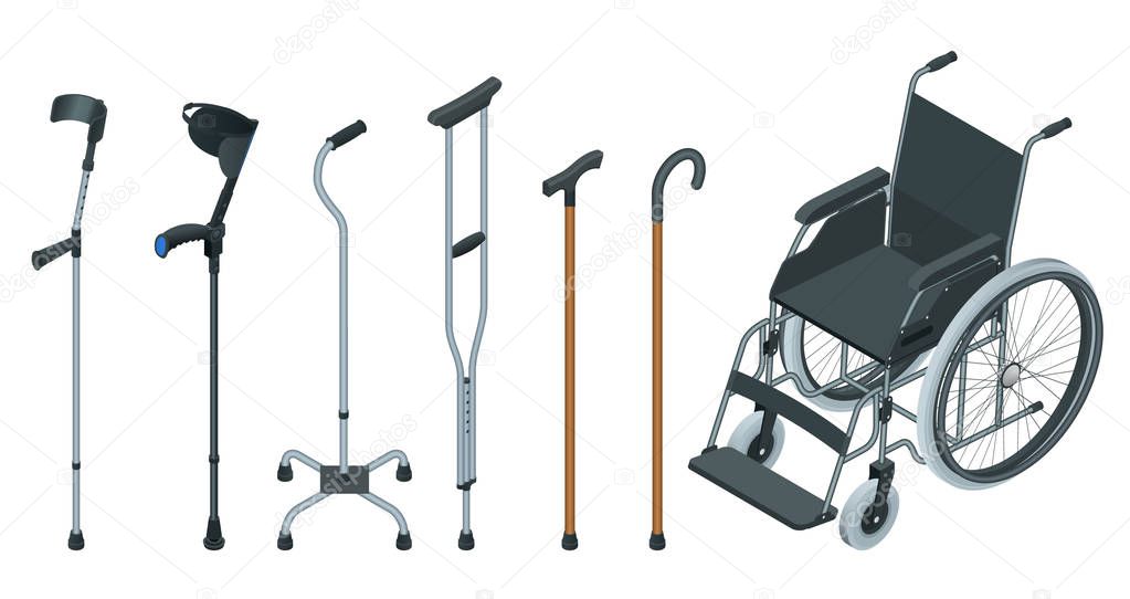 Isometric set of mobility aids including a wheelchair, walker, crutches, quad cane, and forearm crutches. Flat illustration. Health care concept.