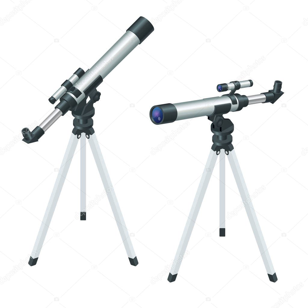 Isometric black telescopeon a support isolated on white background