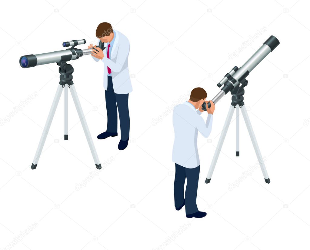 Isometric astronomer through the telescope looks at the sky isolated on white background