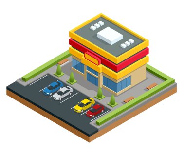 İzometrik alışveriş merkezi veya mağaza. Otopark ve şehirde alışveriş illüstrasyon vektör