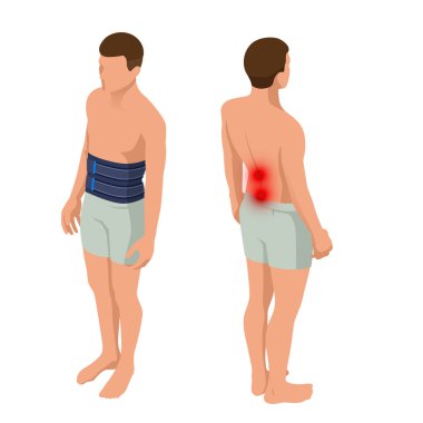 Alt sırt ağrısı veya omurga ağrısı, osteoporoz. Anatomik vücut bir adam. Travma sonrası rehabilitasyon. Ortopedi ve Tıp. İzometrik vektör çizim