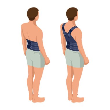 Alt sırt ağrısı veya omurga ağrısı, osteoporoz. Anatomik vücut bir adam. Travma sonrası rehabilitasyon. Ortopedi ve Tıp. İzometrik vektör çizim