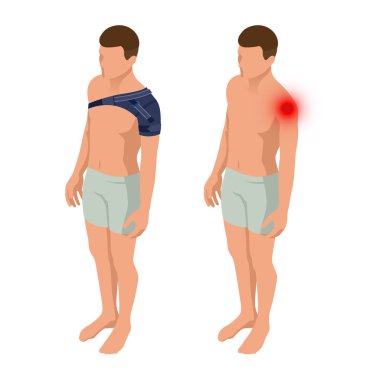 Ağrı veya burkulma omuz eklemi omuz. Anatomik vücut bir adam. Travma sonrası rehabilitasyon. Ortopedi ve Tıp. İzometrik vektör çizim