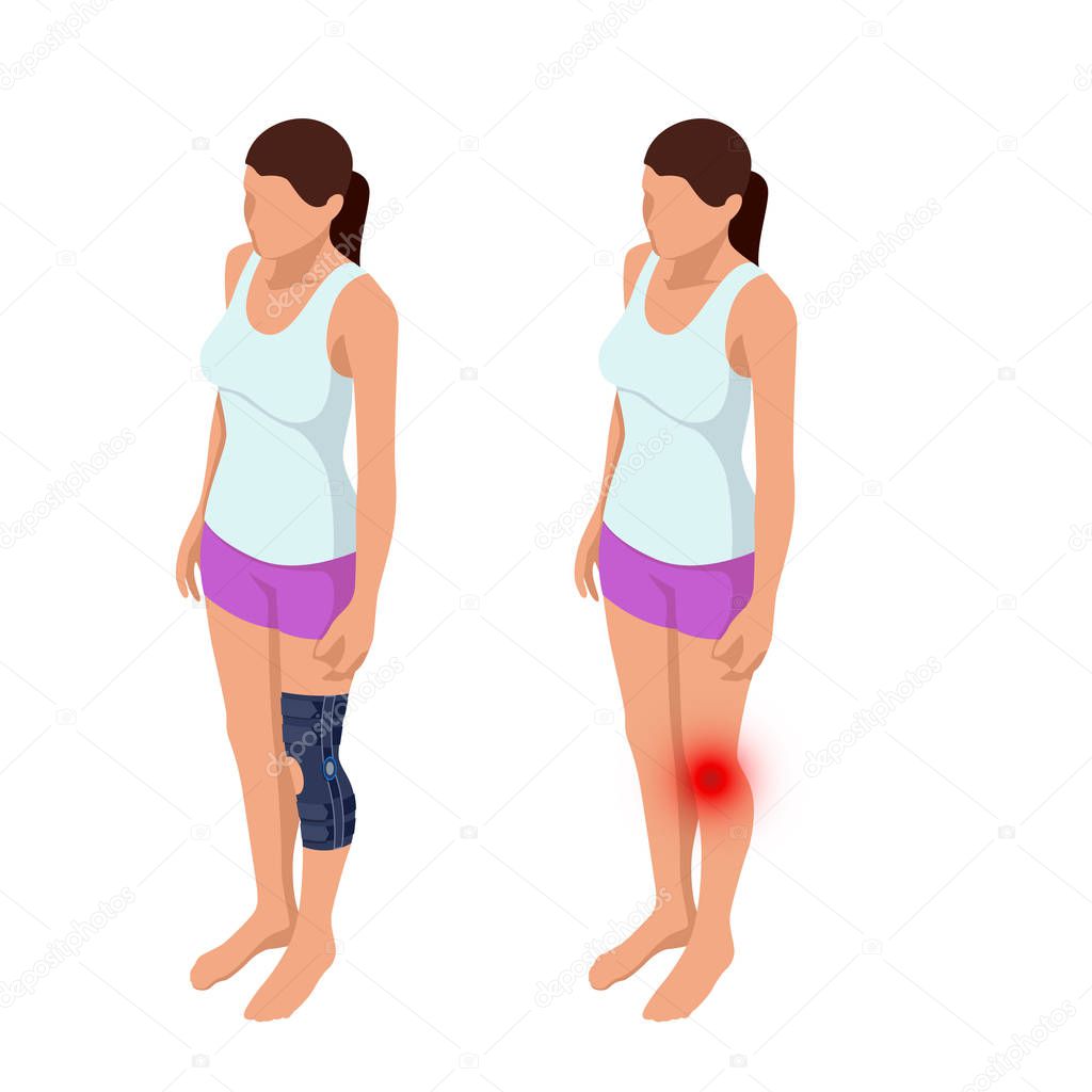 Knee pain or sprains of the knee joint. Anatomical body of a man. Rehabilitation after trauma. Orthopedics and medicine. Isometric Vector illustration