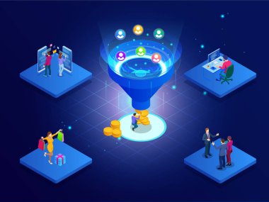 İzometrik online huni üretimi satış, müşteri üretimi, dijital pazarlama ve e-iş teknoloji kavramı. Web için açılış sayfası şablonu. Internet Pazarlama vektör çizim