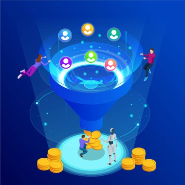 İzometrik online huni üretimi satış, müşteri üretimi, dijital pazarlama ve e-iş teknoloji kavramı. Web için açılış sayfası şablonu. Internet Pazarlama vektör çizim