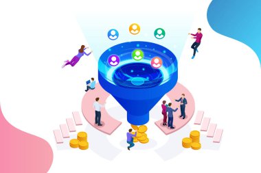İzometrik online huni üretimi satış, müşteri üretimi, dijital pazarlama ve e-iş teknoloji kavramı. Web için açılış sayfası şablonu. Internet Pazarlama vektör çizim
