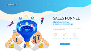 İzometrik online huni üretimi satış, müşteri üretimi, dijital pazarlama ve e-iş teknoloji kavramı. Web için açılış sayfası şablonu. Internet Pazarlama vektör çizim