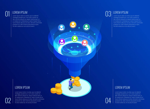Isometric online funnel generation sales, customer generation, digital marketing and e-business technology concept. Landing page template for web. Internet marketing vector illustration