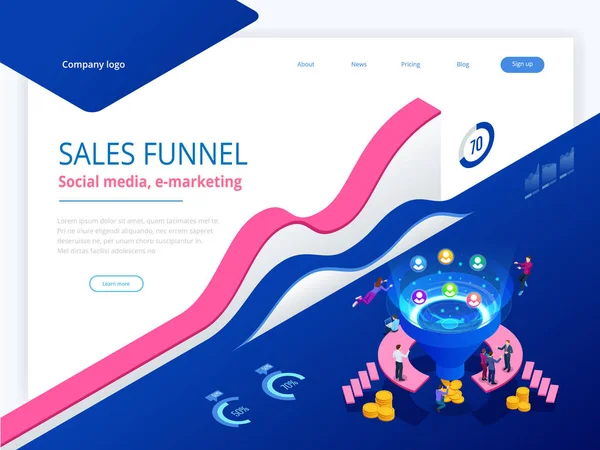 Isometric online funnel generation sales, customer generation, digital marketing and e-business technology concept. Landing page template for web. Internet marketing vector illustration — Stock Vector