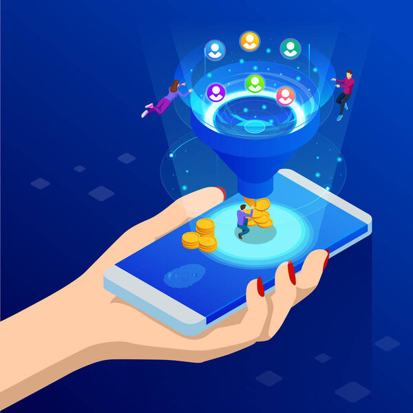 Isometric online funnel generation sales, customer generation, digital marketing and e-business technology concept. Landing page template for web. Internet marketing vector illustration