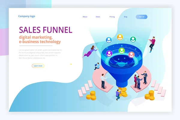 Vendas isométricas de geração de funil online, geração de clientes, marketing digital e conceito de tecnologia de e-business. Modelo de landing page para web. Ilustração vetorial de marketing na Internet —  Vetores de Stock