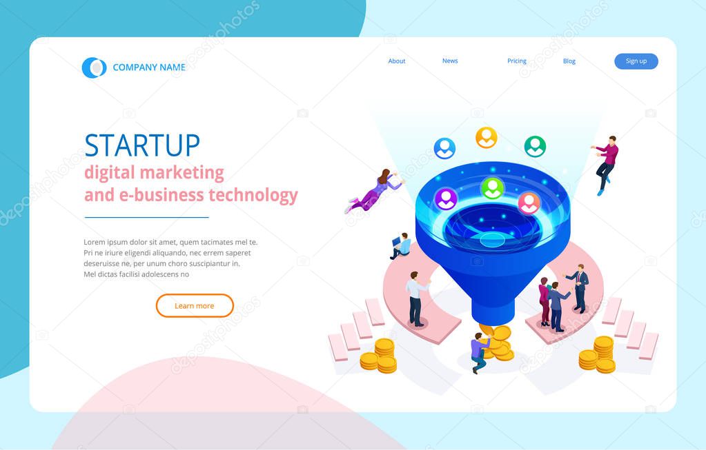 Isometric online funnel generation sales, customer generation, digital marketing and e-business technology concept. Landing page template for web. Internet marketing vector illustration