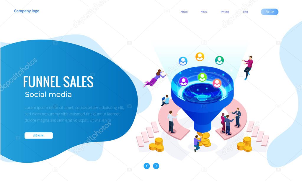 Isometric online funnel generation sales, customer generation, digital marketing and e-business technology concept. Landing page template for web. Internet marketing vector illustration