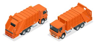 İzometrik kamyon çöp. Çöp geri dönüşüm ve kullanım donanımları. Şehir Atık geri dönüşüm çöp kamyonu konseptiyle.