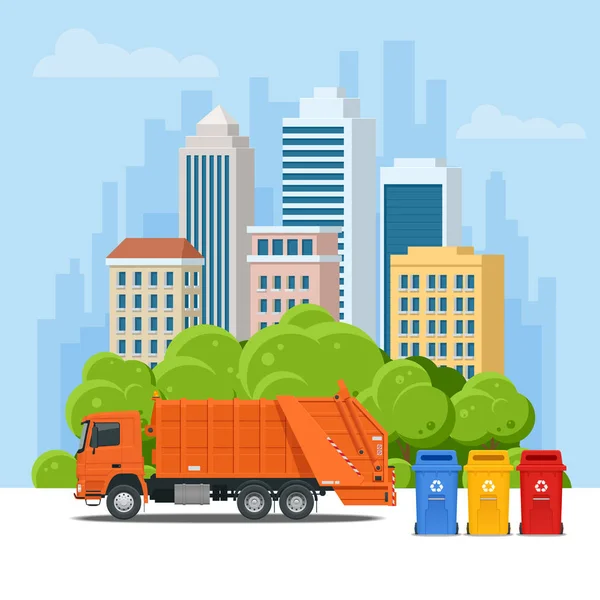 Vuilniswagen of Recycle vrachtwagen in stad. Afval recycling en gebruik van apparatuur. Stad afval recycling concept met vuilniswagen. Vectorillustratie — Stockvector