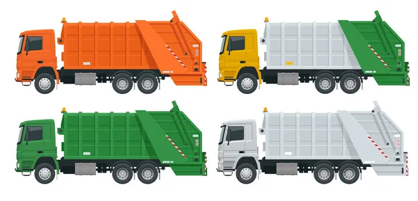 Flacher Müllwagen. Müll-Recycling und Verwertungsanlagen. Stadtentwässerungskonzept mit Müllwagen. — Stockvektor