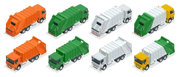 Isometrische LKW-Müllcontainer. Müll-Recycling und Verwertungsanlagen. Stadtentwässerungskonzept mit Müllwagen. — Stockvektor
