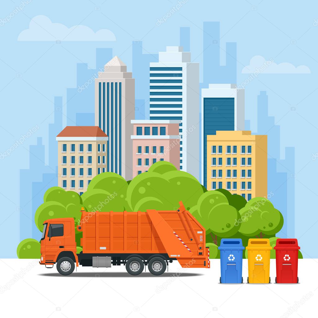 Garbage truck or Recycle truck in city. Garbage recycling and utilization equipment. City waste recycling concept with garbage truck. Vector illustration