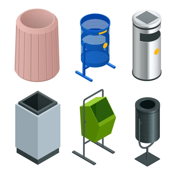 Set isométrico de cubo de canasta metálica para papel usado en oficina. Basura vacía, basura limpia. Ilustración vectorial — Archivo Imágenes Vectoriales