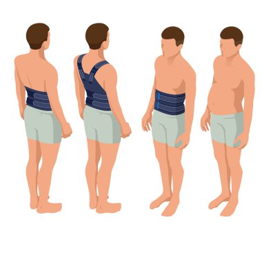 Alt sırt ağrısı veya omurga ağrısı, osteoporoz. Immobilizer. Anatomik vücut bir adam. Travma sonrası rehabilitasyon. Ortopedi ve Tıp. İzometrik vektör çizim