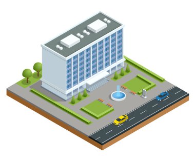 İzometrik modern iş merkezi Park ve arabalar. Ticari office yalıtılmış bina illüstrasyon vektör