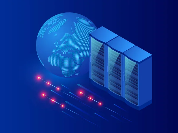 Izometryczne nowoczesny pokój serwera: Cyberbezpieczeństwo infrastruktury, przechowywanie dużych ilości danych i koncepcji technologii Cloud Computing. — Wektor stockowy
