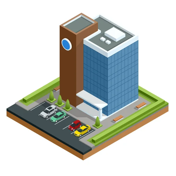 Isometric pusat bisnis modern dengan parkir dan mobil. Ilustrasi vektor bangunan kantor komersial yang terisolasi - Stok Vektor