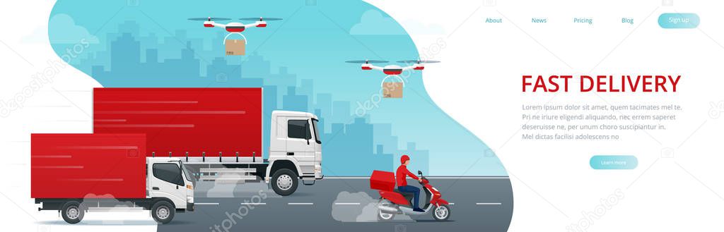 Logistics and Fast delivery of package service service lendingpage template. Delivery home and office. City Fast delivery. Truck, courier, drone and delivery man. Vector illustration