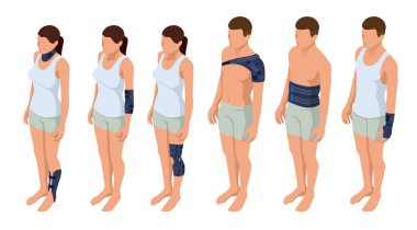 Yaralanma boyun, omuz, kol, bacak, sırt, osteoporoz. Immobilizer. Travma Ortopedi ve tıp izometrik vektör çizim sonrası rehabilitasyon