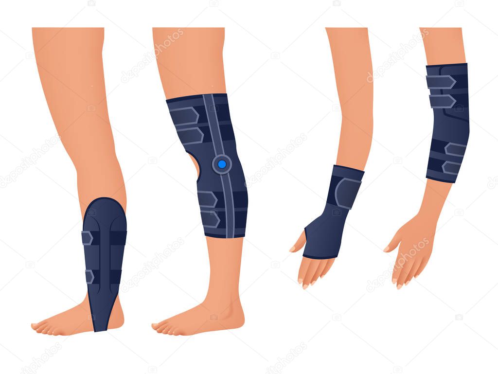 Injury shoulder, arm, leg, back, osteoporosis. Immobilizer. Rehabilitation after trauma. Orthopedics and medicine. Isometric Vector illustration