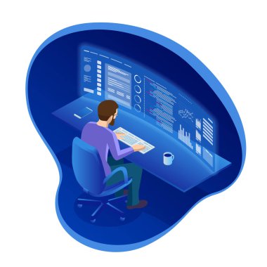 İzometrik programcı bir yazılımda çalışma geliştirmek şirket ofis veya iş adamı hisse ticaret. Stok tüccar grafikler, dizinler ve numaraları üzerinde sanal birden çok bilgisayar ekranları arıyor