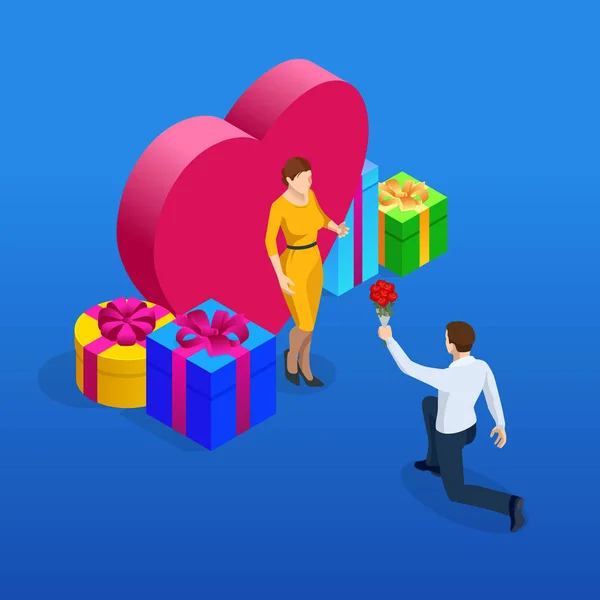 Izometrické Valentýna karty s mužem dát ženě růže. V lásce pár srdcem a dárky. Vektorové ilustrace. — Stockový vektor