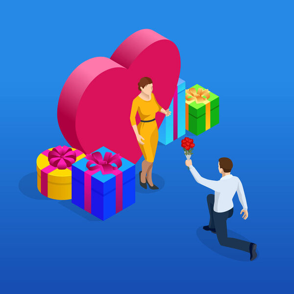 Isometric Valentine s Card with man giving roses to a woman. In love couple with heart and presents. Vector illustration.