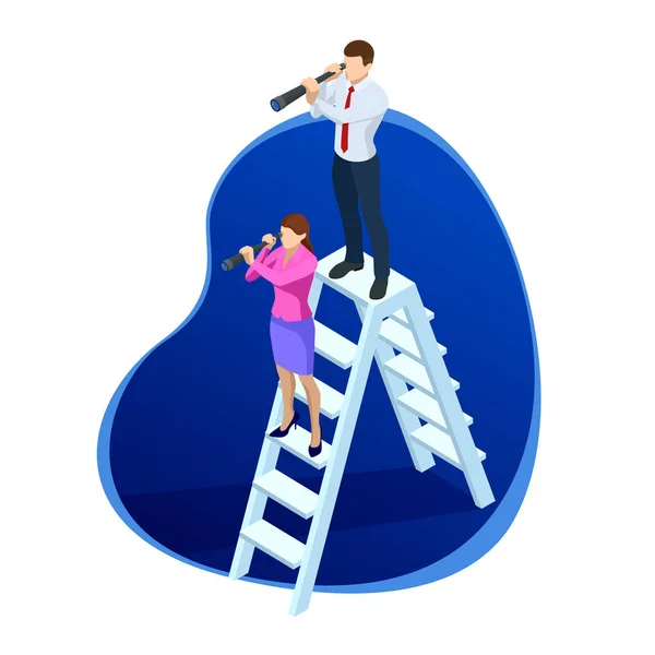 Isometric successful businessman and businesswoman standing on a ladder looking through a telescope. Perspective business planning, career opportunities, and career ladder — Stock Vector