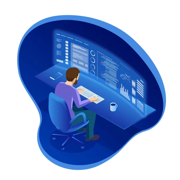 Isometric programmer working in a software develop company office or Businessman Trading Stocks. The stock trader is looking at graphs, indexes and numbers on virtual multiple computer screens — Stock Vector