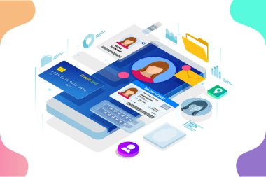 İzometrik kişisel veri bilgi App, kimlik özel kavram. Dijital veri güvenli afiş. Biyometrik teknoloji vektör çizim kişisel kimlik tanıma ve erişim kimlik doğrulaması için.