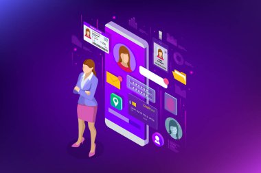 İzometrik kişisel veri bilgi App, kimlik özel kavram. Dijital veri güvenli afiş. Biyometrik teknoloji vektör çizim kişisel kimlik tanıma ve erişim kimlik doğrulaması için.