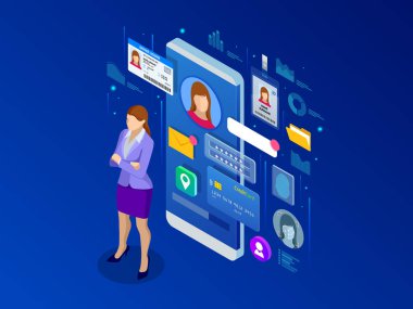 İzometrik kişisel veri bilgi App, kimlik özel kavram. Dijital veri güvenli afiş. Biyometrik teknoloji vektör çizim kişisel kimlik tanıma ve erişim kimlik doğrulaması için.
