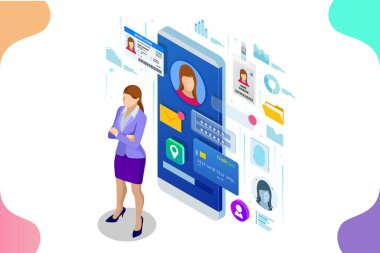 İzometrik kişisel veri bilgi App, kimlik özel kavram. Dijital veri güvenli afiş. Biyometrik teknoloji vektör çizim kişisel kimlik tanıma ve erişim kimlik doğrulaması için.