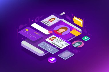 İzometrik kişisel veri bilgi App, kimlik özel kavram. Dijital veri güvenli afiş. Biyometrik teknoloji vektör çizim kişisel kimlik tanıma ve erişim kimlik doğrulaması için.