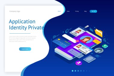 İzometrik kişisel veri bilgi App, kimlik özel kavram. Dijital veri güvenli afiş. Biyometrik teknoloji vektör çizim kişisel kimlik tanıma ve erişim kimlik doğrulaması için.
